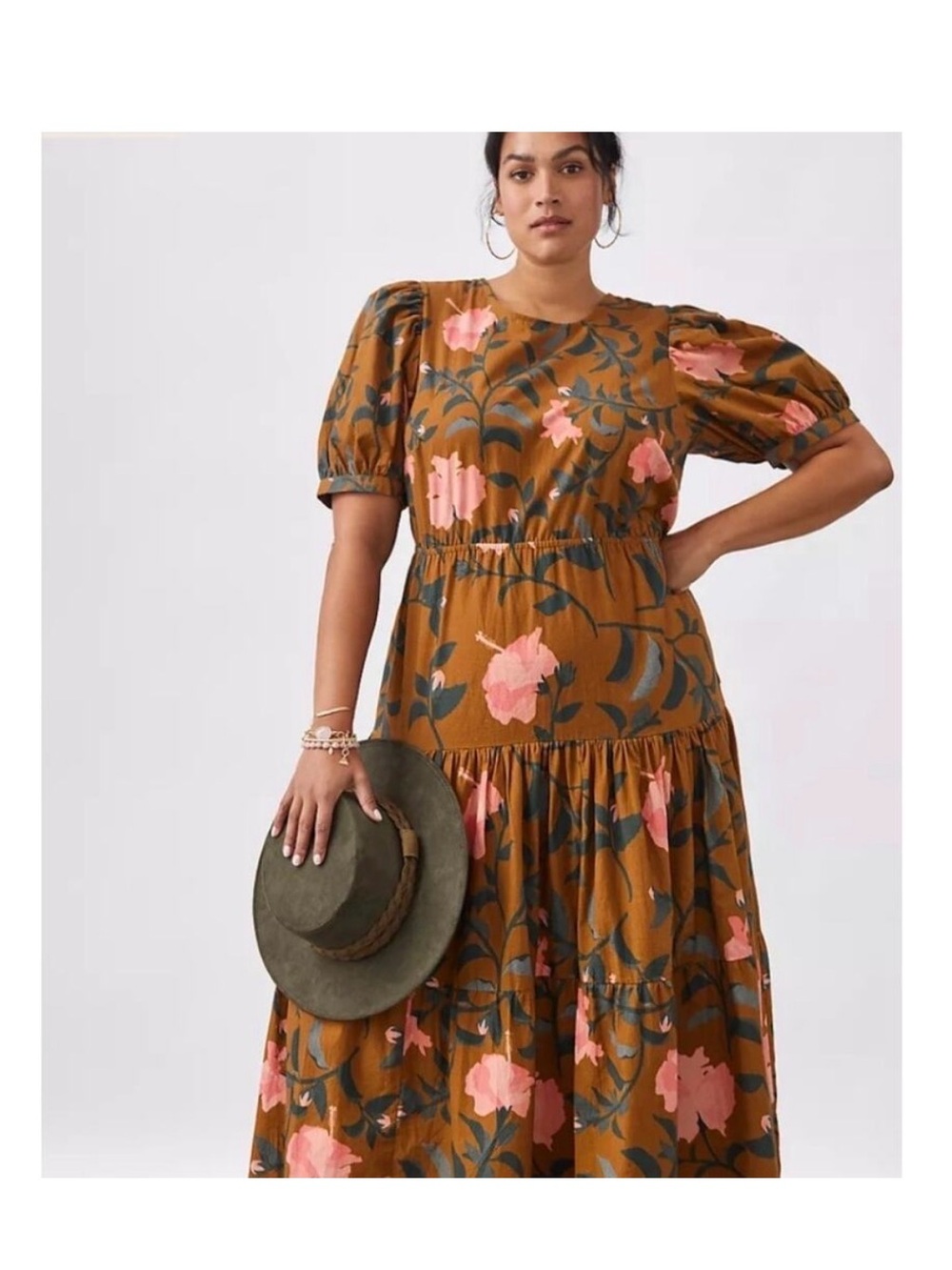 Anthropologie Mustard Maxi Dress with Pink Floral Print